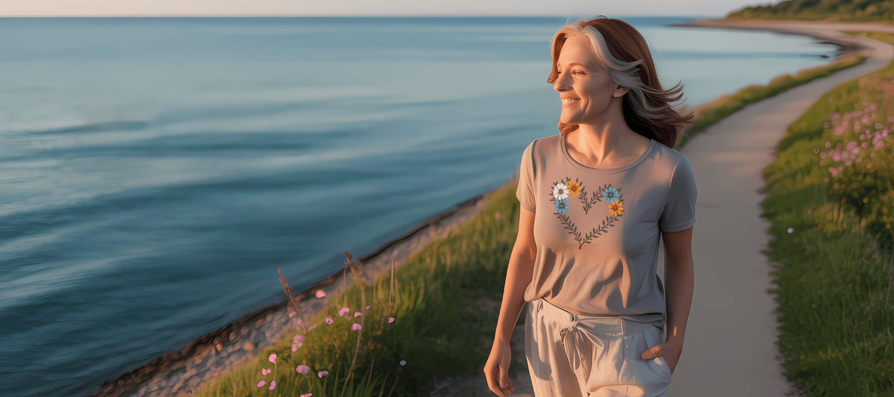 Mature woman walking along a coastal path wearing a beige t-shirt with wildflower heart design, representing thoughtful seasonal style by Season Threads Co.